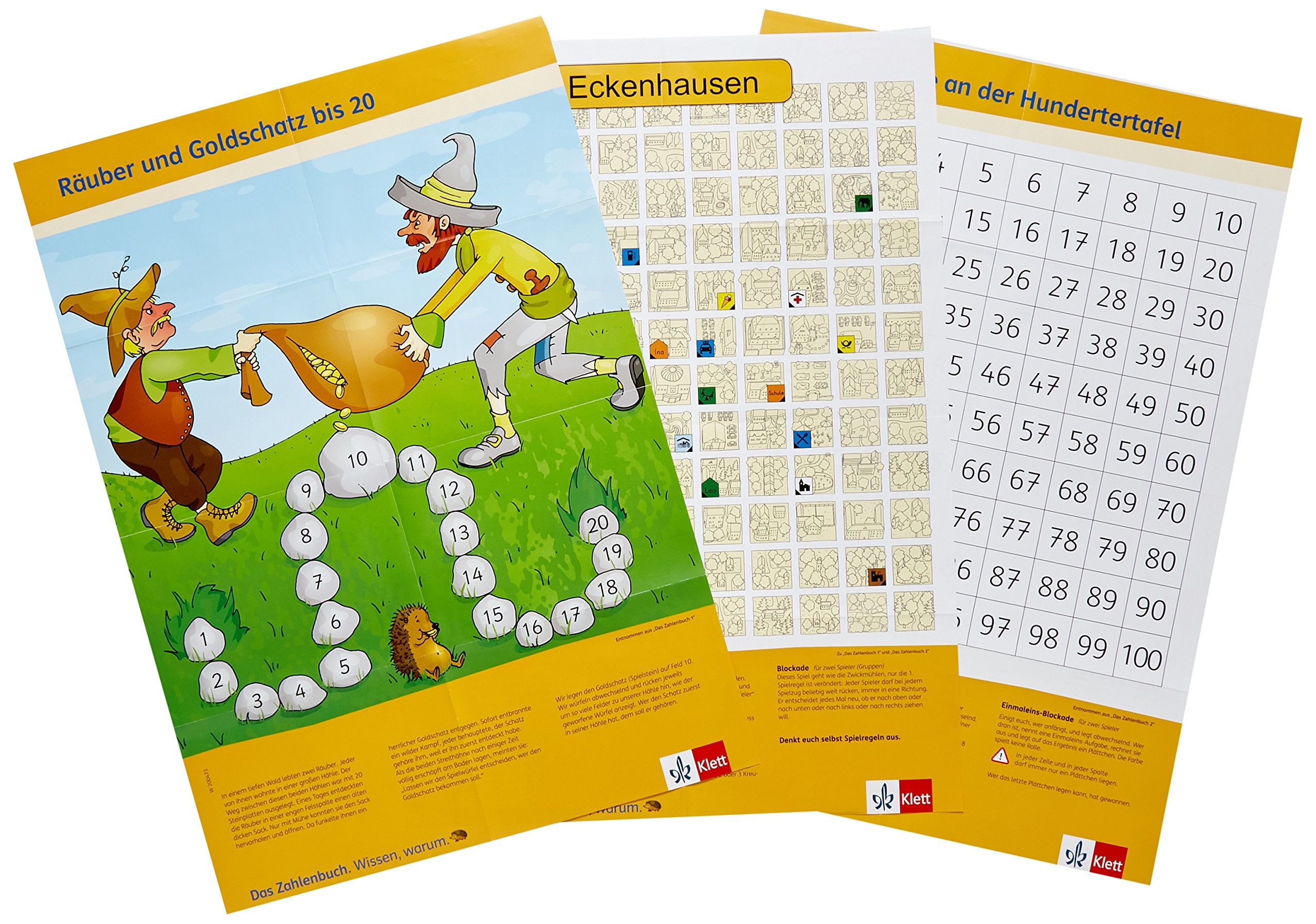 Lern- und Spielplakate 1-2: Poster Räuber und Goldschatz, Poster Spiele an der Hundertertafel und Poster Eckenhausen Klasse 1/2 (Programm Mathe 2000+) Study Guides