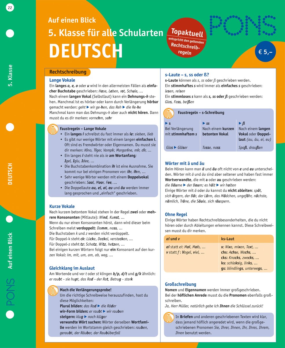 PONS Deutsch auf einen Blick - 5. Klasse: kompakte Übersicht: Grammatik, Kommunikation, Wortschatz und Aussprache nachschlagen General education