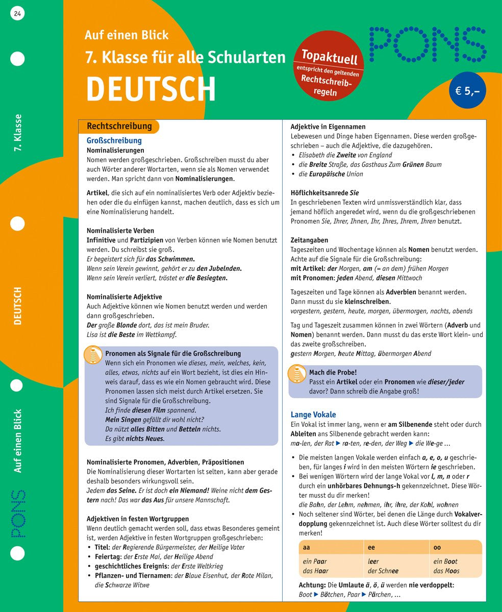 PONS Deutsch auf einen Blick - 7. Klasse: kompakte Übersicht: Grammatik, Kommunikation, Wortschatz und Aussprache nachschlagen General education