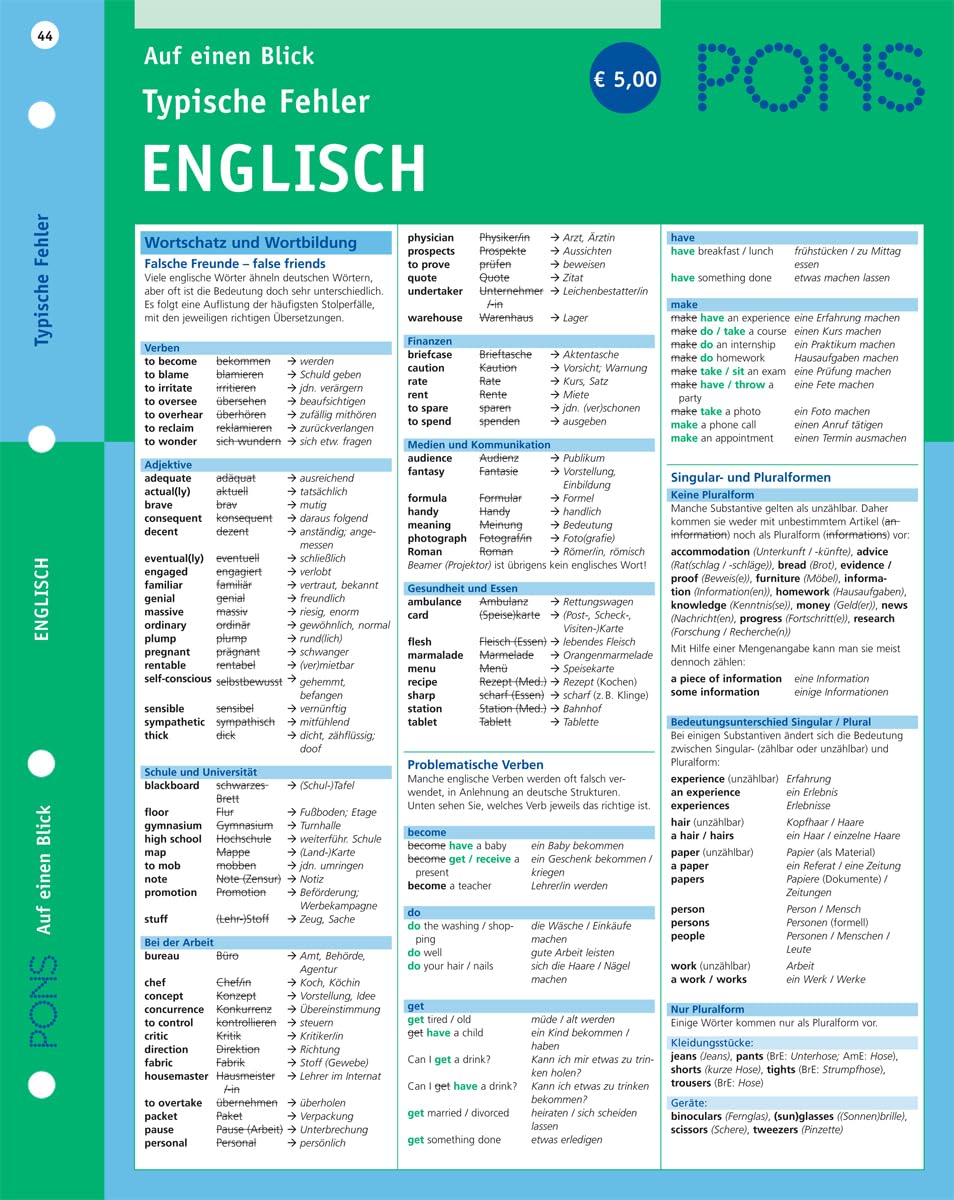 PONS Typische Fehler auf einen Blick Englisch: kompakte Übersicht, effizient Fehler vermeiden (PONS Auf einen Blick) Study Guides