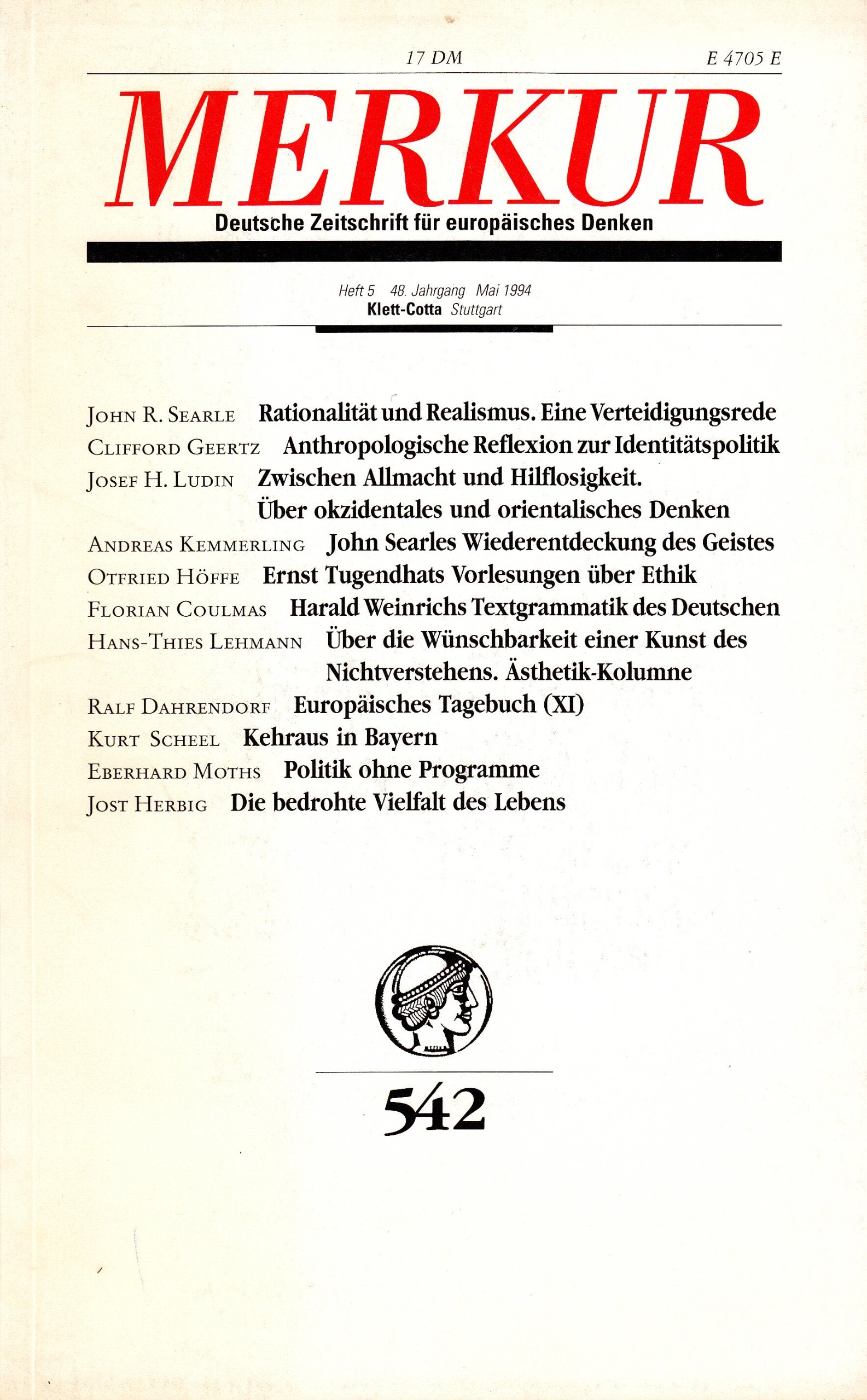 MERKUR - Deutsche Zeitschrift für europäisches Denken, Heft 5/1994, 48. Jahrgang, Nr. 542 Books