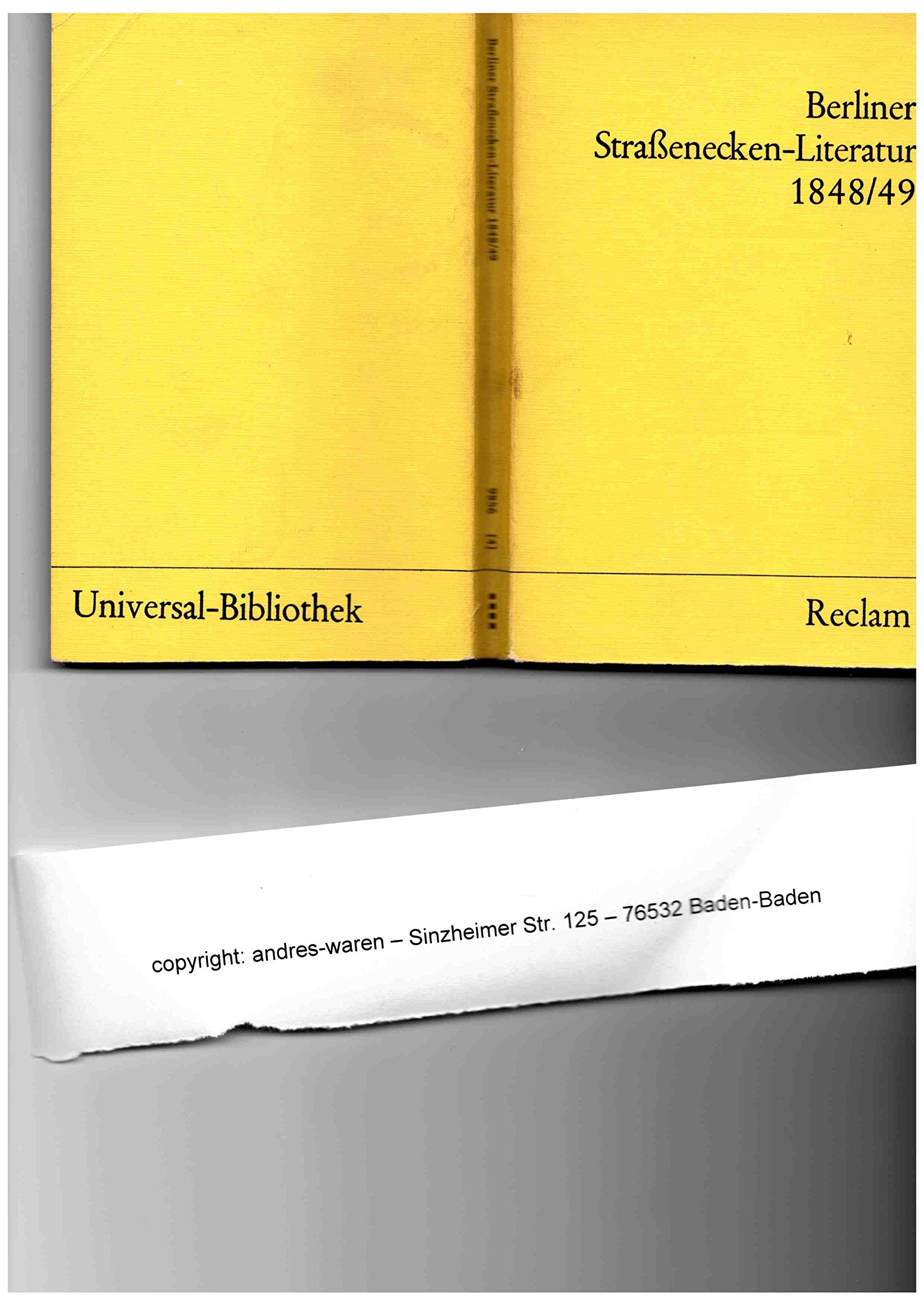 Berliner Strassenecken-Literatur 1848/49 (Reclams Universal-Bibliothek) Books