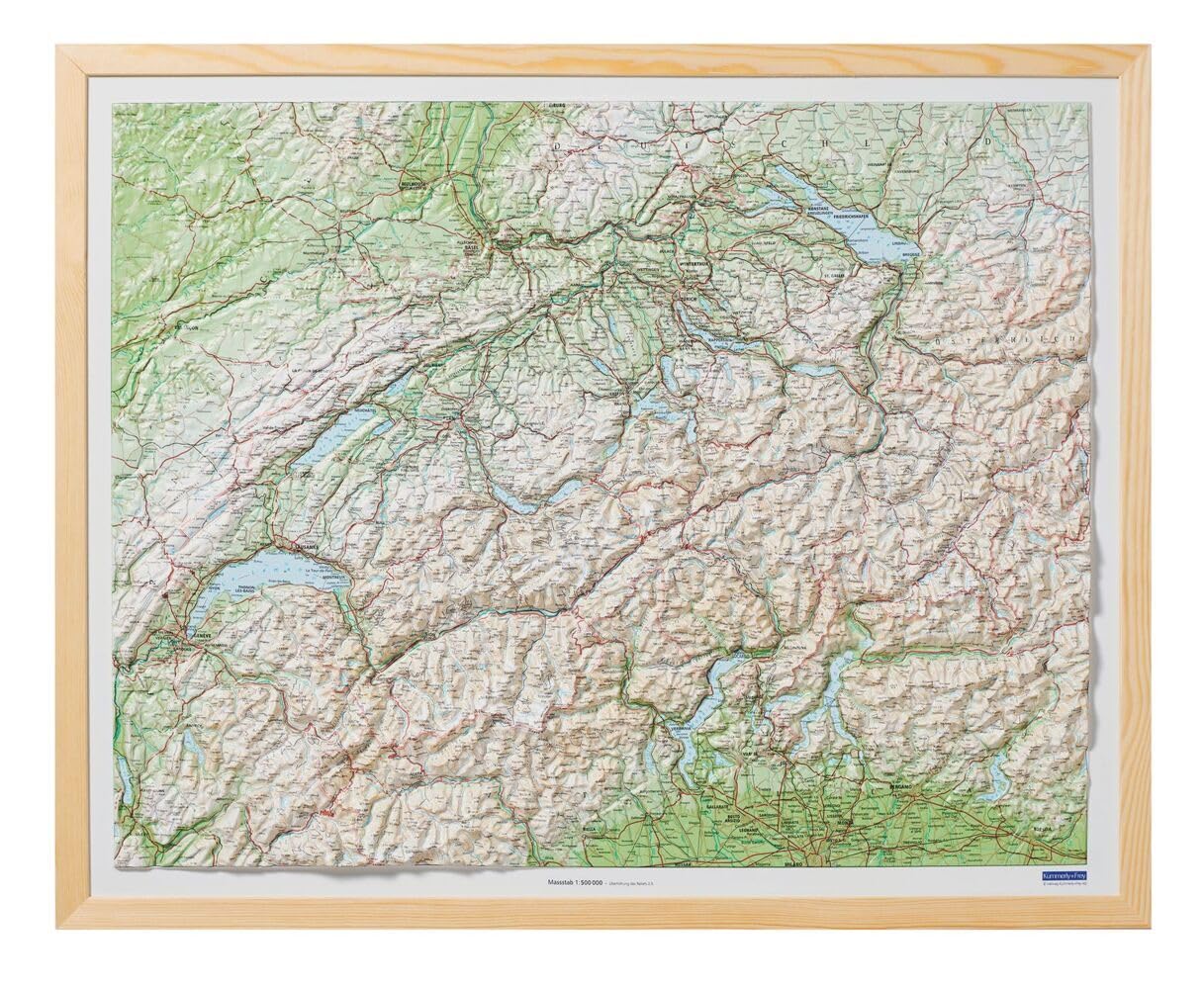 Kümmerly+Frey Relief Karte Schweiz mit Natur-Holzrahmen 1:500.000: 3D Wandkarte Leisure, Home & Garden