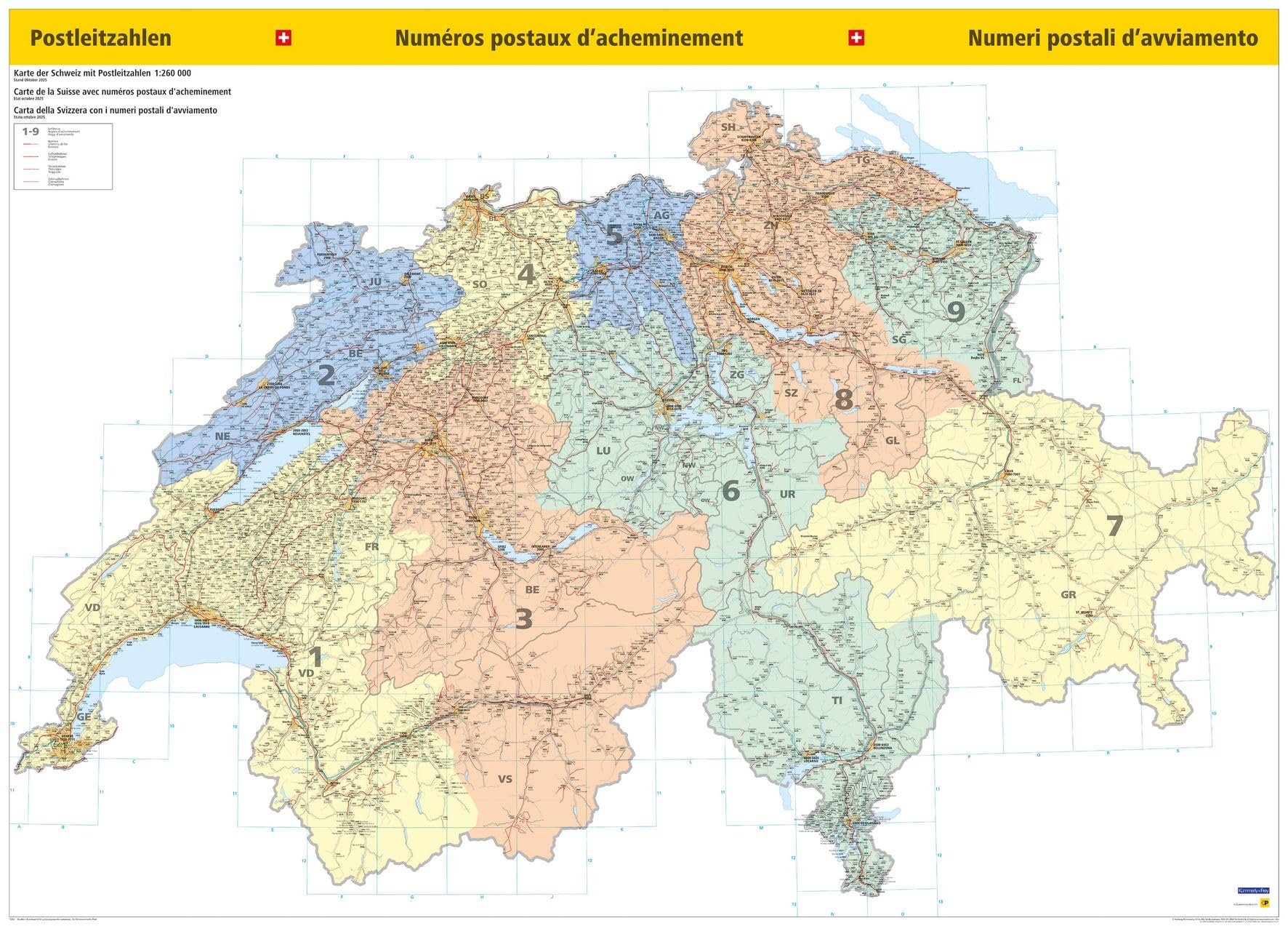 Kümmerly+Frey Thematische Karte Schweiz Postleitzahlenkarte Poster 1:260.000 Leisure, Home & Garden