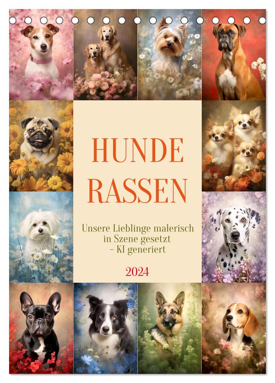 Hunderassen (Tischkalender 2024 DIN A5 hoch), CALVENDO Monatskalender: Beliebte Hunderassen malerisch in Szene gesetzt - KI generiert (CALVENDO Tiere) Social Sciences