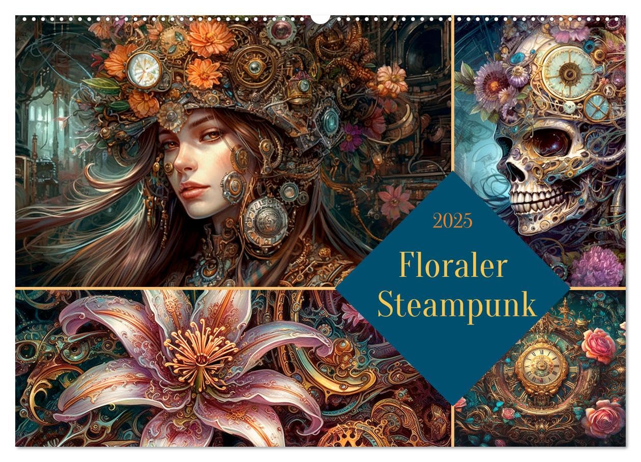 Floraler Steampunk (Wandkalender 2025 DIN A2 quer), CALVENDO Monatskalender: KI generierte Illustrationen aus dem Steampunk-Genre mit floralen Motiven (CALVENDO Spass) Social Sciences