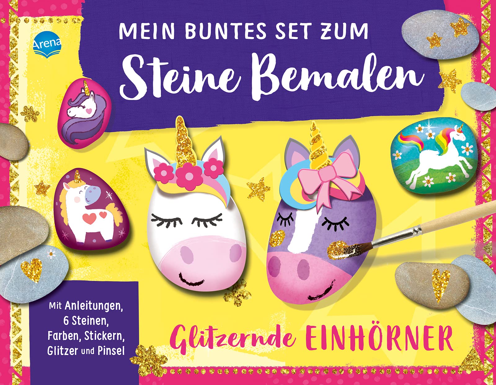 Mein buntes Set zum Steine Bemalen. Glitzernde Einhörner: Set mit 6 Steinen, 6 Farben, Pinsel, Glitzer, Aufkleber sowie einem Heft mit Anleitungen und Rätseln Arts & Music