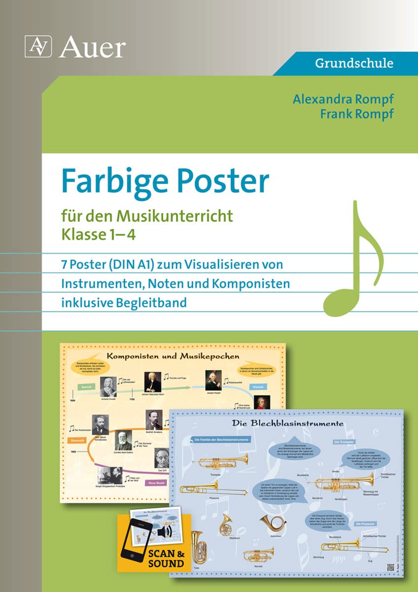 Farbige Poster für den Musikunterricht: 7 Poster (DIN A1) zum Visualisieren von Instrument en, Noten und Komponisten, inklusive Begleitband (1. bis 4. Klasse) Learning & Reference