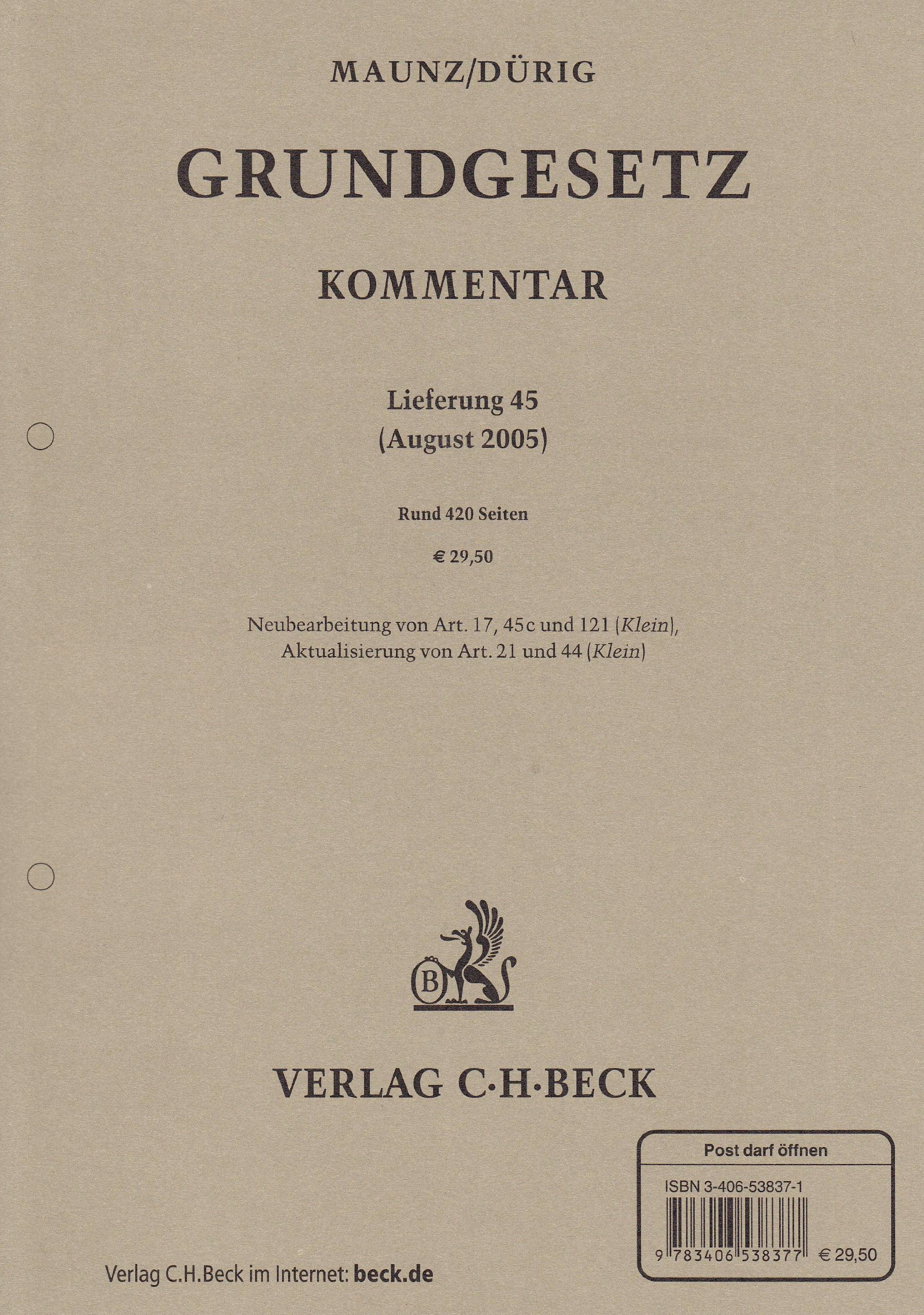 Grundgesetz 45. Ergänzungslieferung: Rechtsstand: August 2005 Law