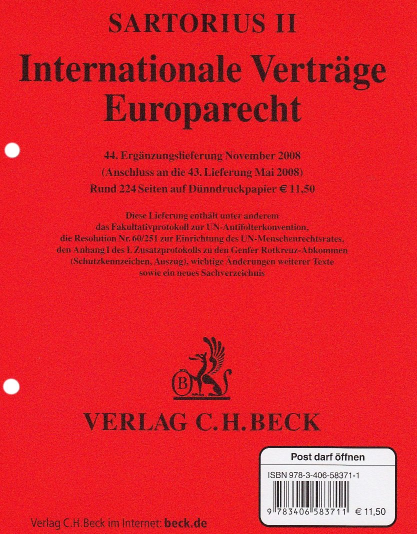 Internationale Verträge, Europarecht 44. Ergänzungslieferung: Rechtsstand: 1. November 2008 Law