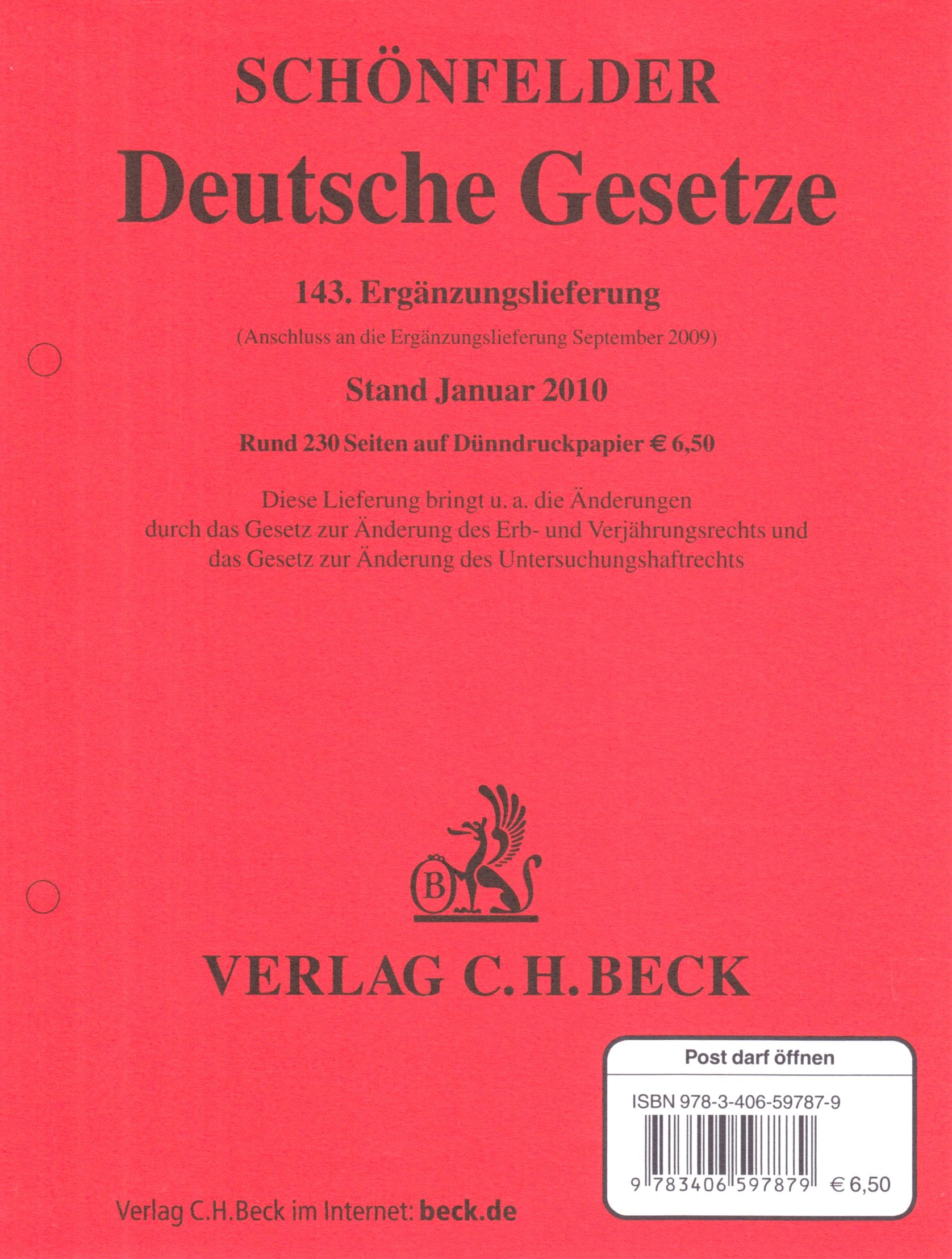 Deutsche Gesetze 143. Ergänzungslieferung. Stand Stand Januar 2010. Law