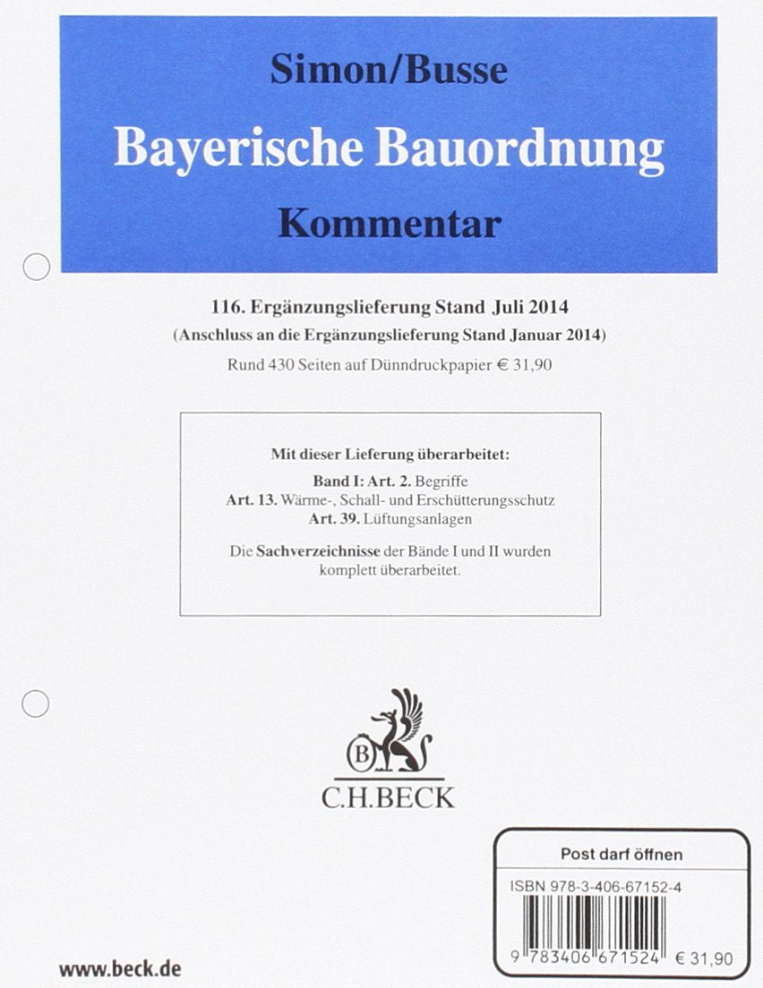 Bayerische Bauordnung 116. Ergänzungslieferung: Rechtsstand: Juli 2014 Law