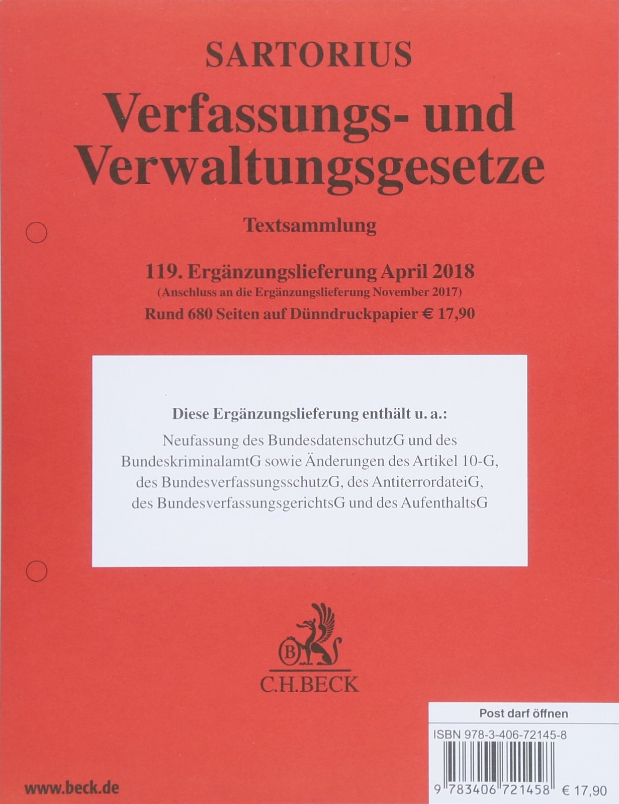 Verfassungs- und Verwaltungsgesetze 119. Ergänzungslieferung: Rechtsstand: 1. April 2018 (Cover Bild kann abweichen) Law