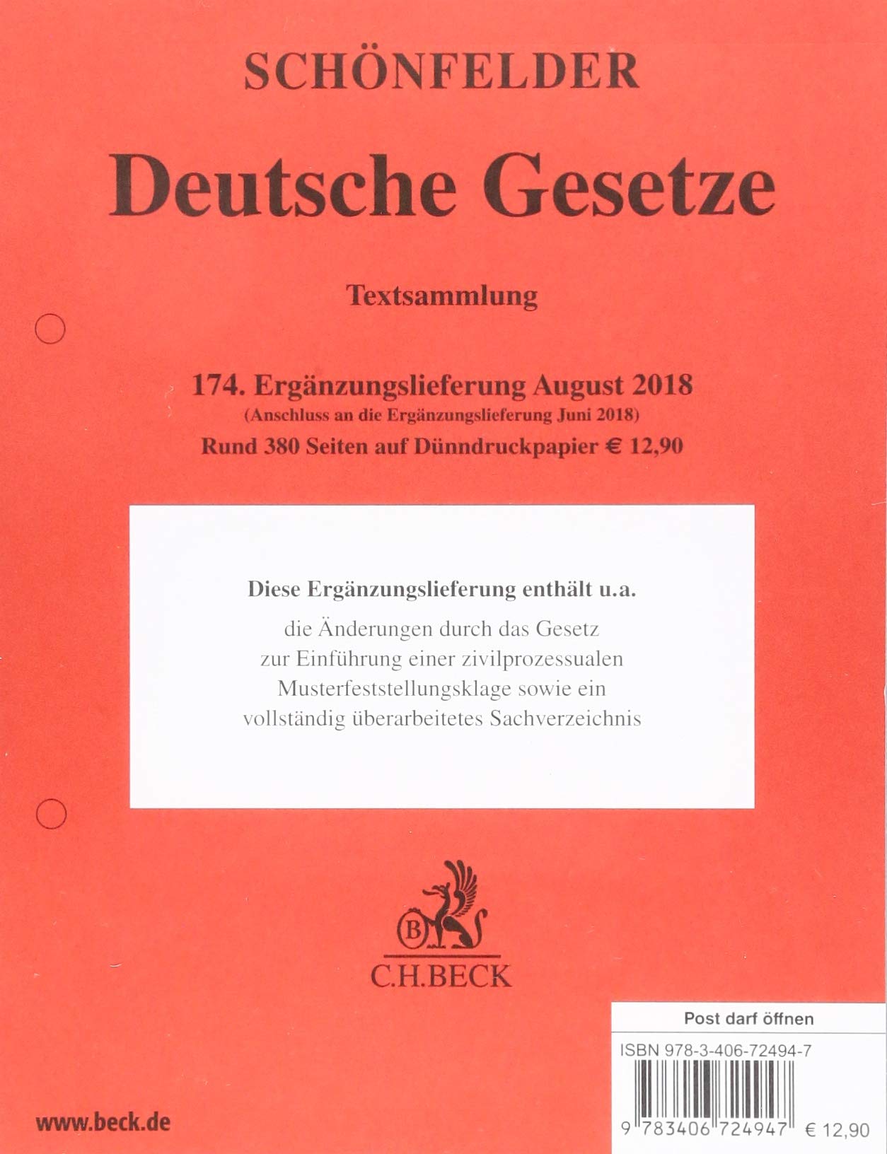 Deutsche Gesetze 174. Ergänzungslieferung: Rechtsstand: 15. August 2018 Law