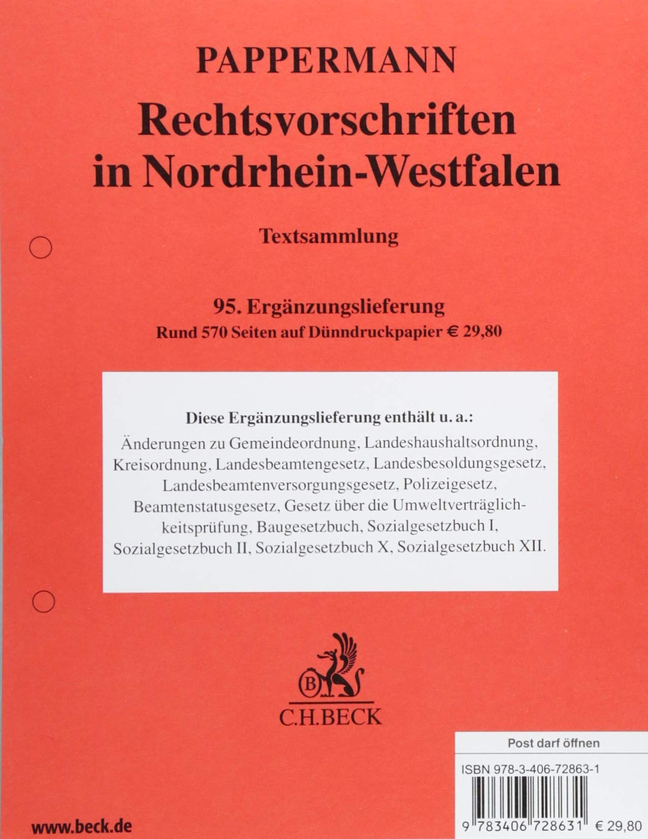 Rechtsvorschriften in Nordrhein-Westfalen 95. Ergänzungslieferung: Rechtsstand: ausgegeben im September 2018 Law