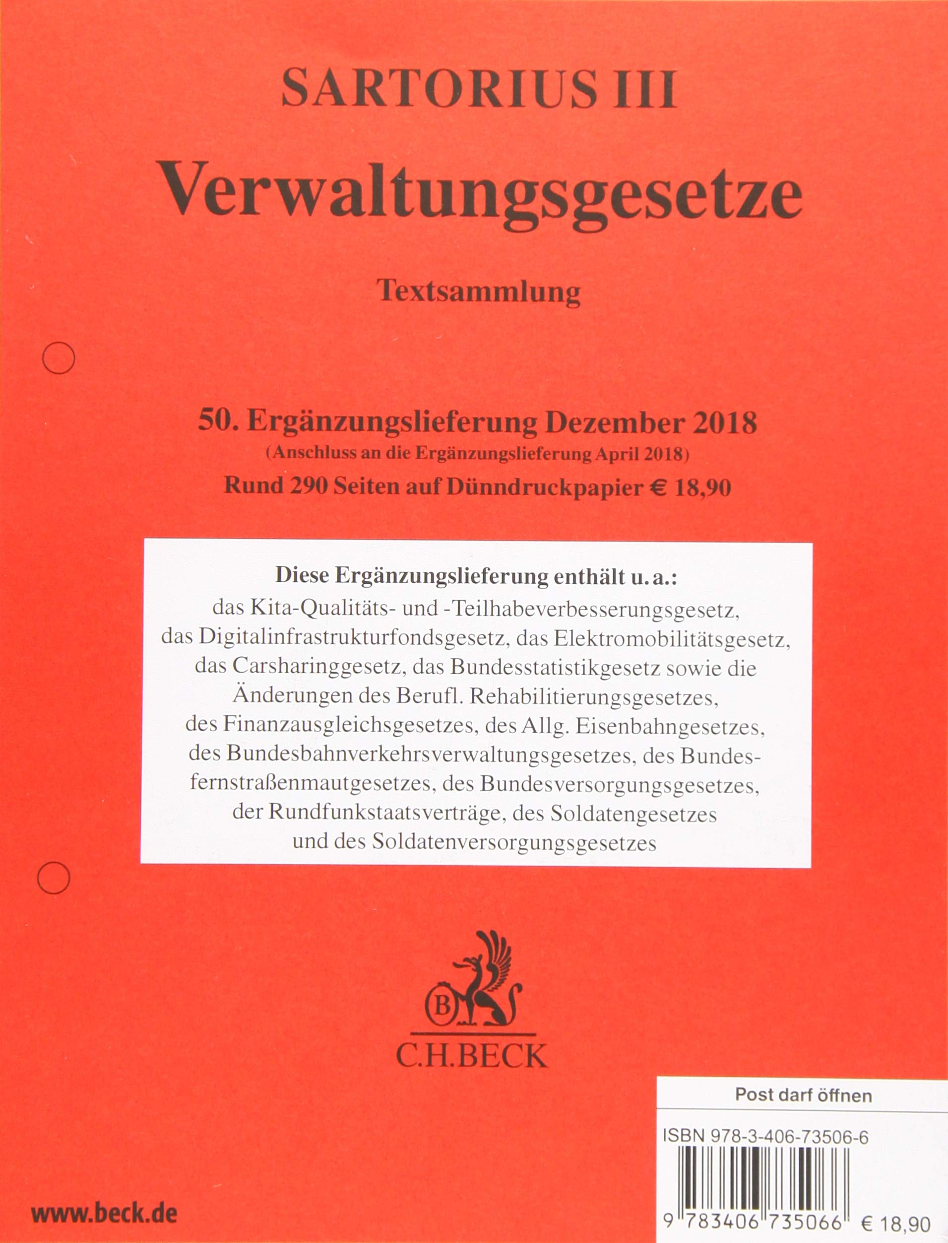 Verwaltungsgesetze ( Sartorius 3) für die neuen Bundesländer. 50. Ergänzungslieferung Law