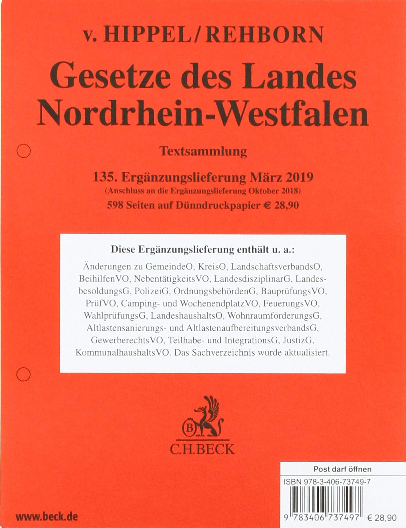 Gesetze des Landes Nordrhein-Westfalen 135. Ergänzungslieferung Law