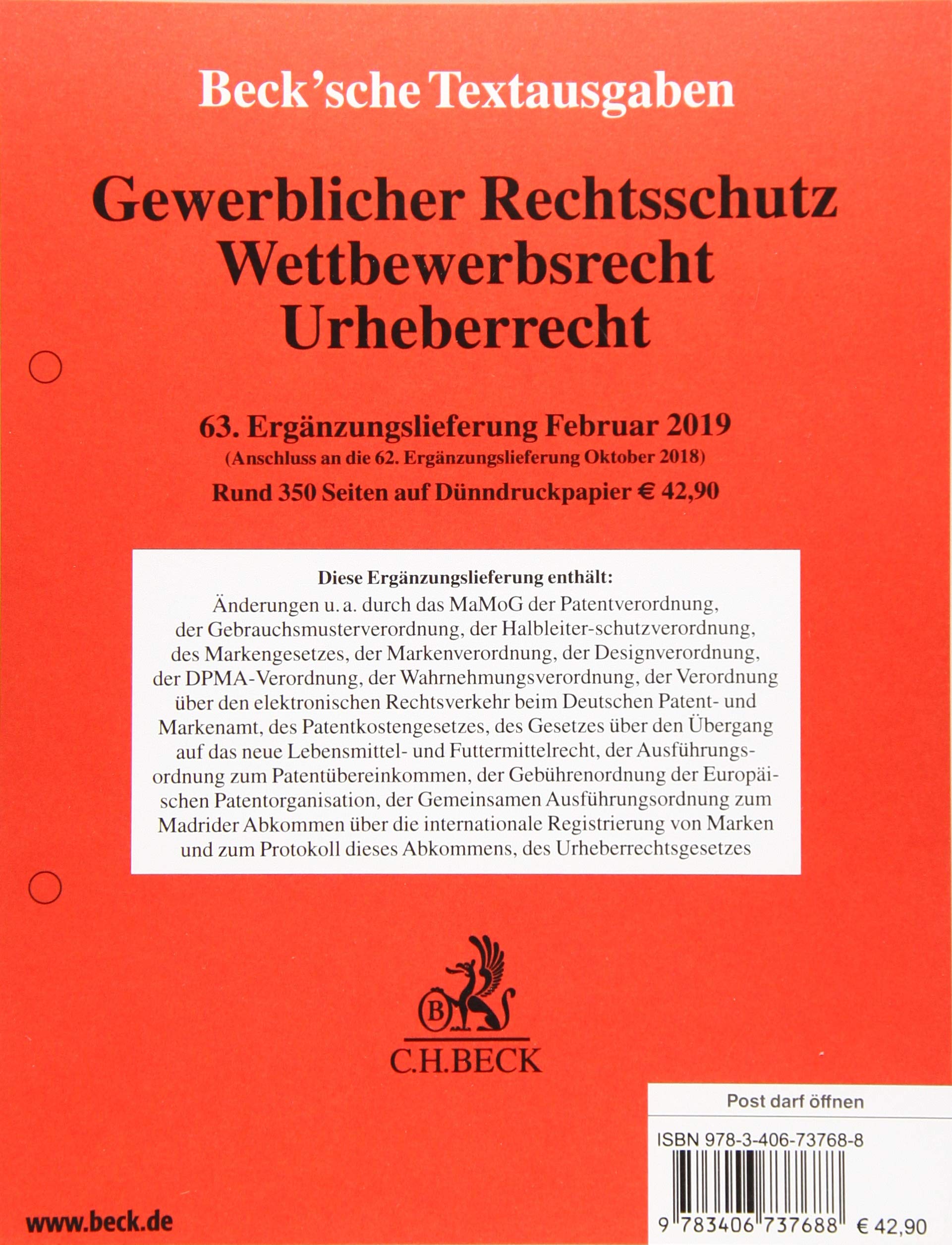 Gewerblicher Rechtsschutz, Wettbewerbsrecht, Urheberrecht  63. Ergänzungslieferung book