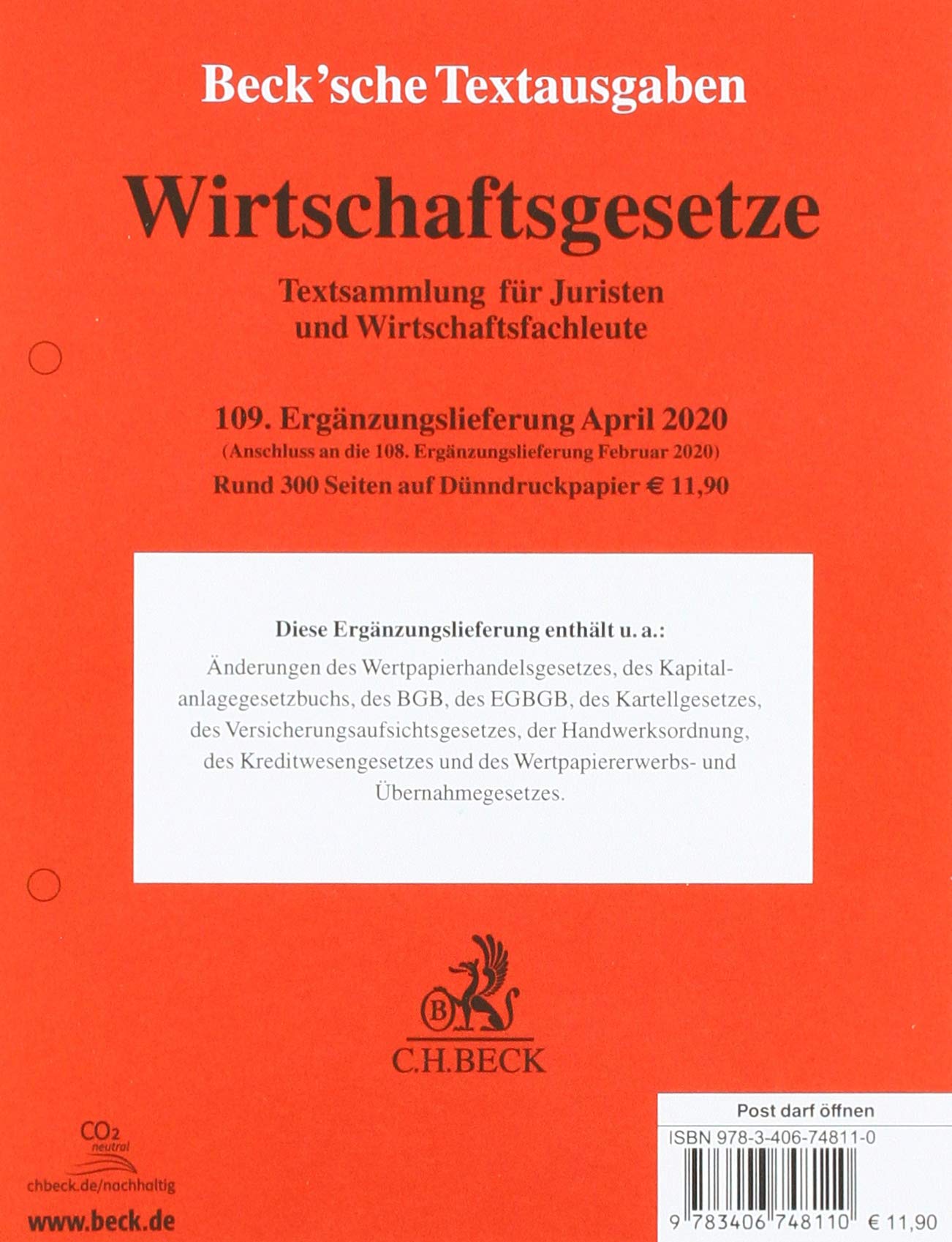 Wirtschaftsgesetze  109. Ergänzungslieferung book