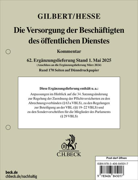 Die Versorgung der Beschäftigten des öffentlichen Dienstes 62. Ergänzungslieferung: Rechtsstand: 1. Mai 2025 Law