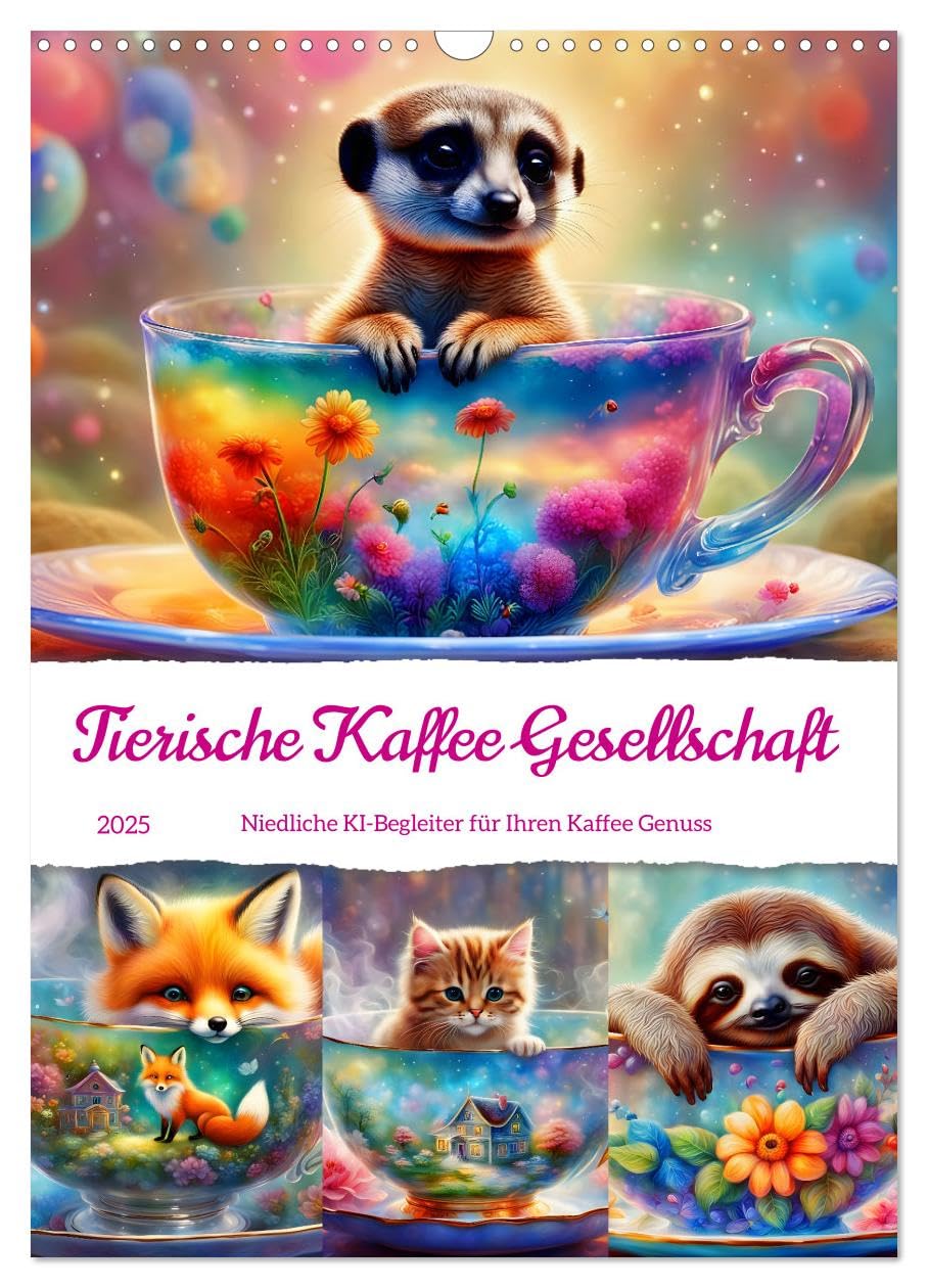 Tierische Kaffee Gesellschaft (Wandkalender 2025 DIN A3 hoch), CALVENDO Monatskalender: Genießen Sie das süße Zusammenspiel von niedlichen Tieren und Kaffeetassen (CALVENDO Tiere) Natural Sciences