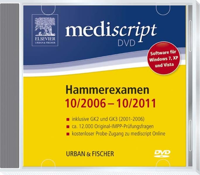 Mediscript 2. Abschnitt der Ärztlichen Prüfung DVD, Hammerexamen 10/06-10/11: inklusive GK2 (3/01-8/05) und GK3 (3/01 - 8/06): ca. 12.000 ... mediscript Online. Für Windows XP, Vista, 7 Medicine