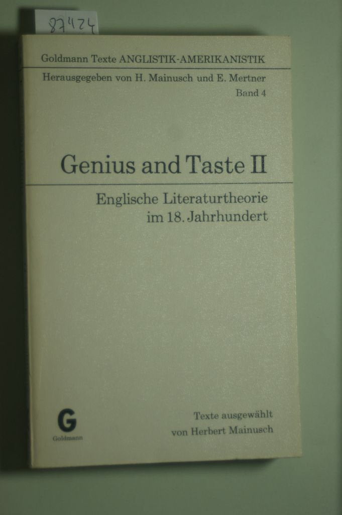 Genius and Taste II. Englische Literaturtheorie im 18. Jahrhundert Books
