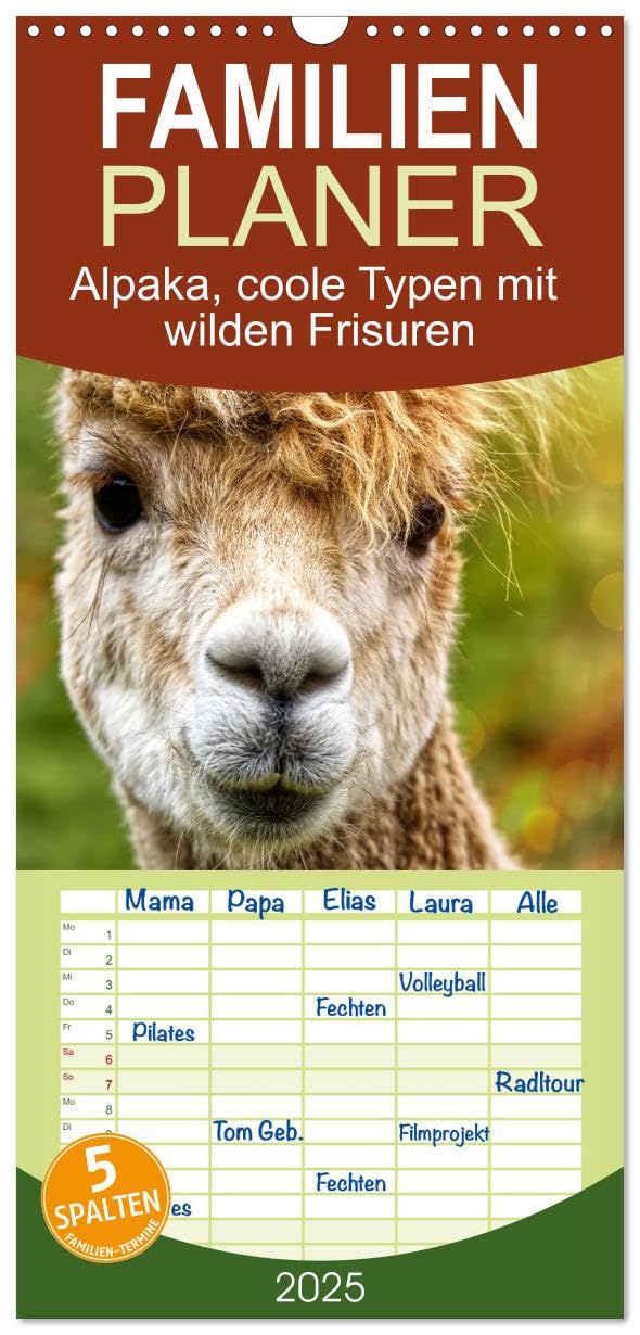 Familienplaner 2025 - Alpaka, coole Typen mit wilden Frisuren mit 5 Spalten (Wandkalender, 21 cm x 45 cm), CALVENDO: Kuscheltiere auf der Weide (CALVENDO Tiere) Social Sciences