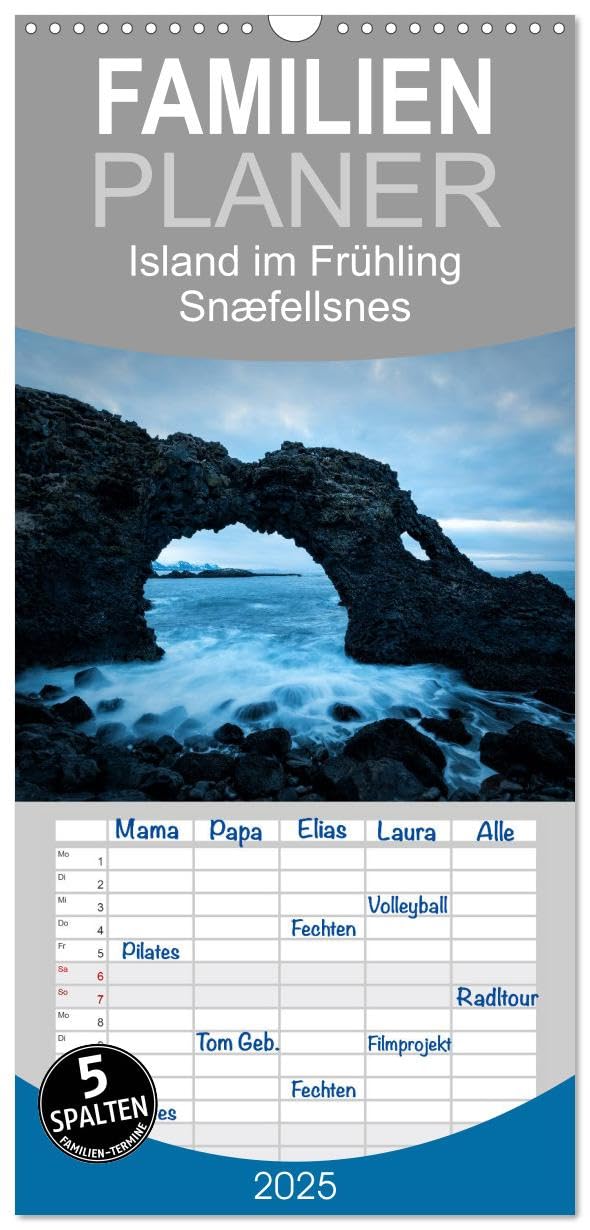 Familienplaner 2025 - Island im Frühling - Snæfellsnes mit 5 Spalten (Wandkalender, 21 cm x 45 cm), CALVENDO: Islands Halbinsel Snæfellsnes und seine Küste (CALVENDO Natur) Travel Guides