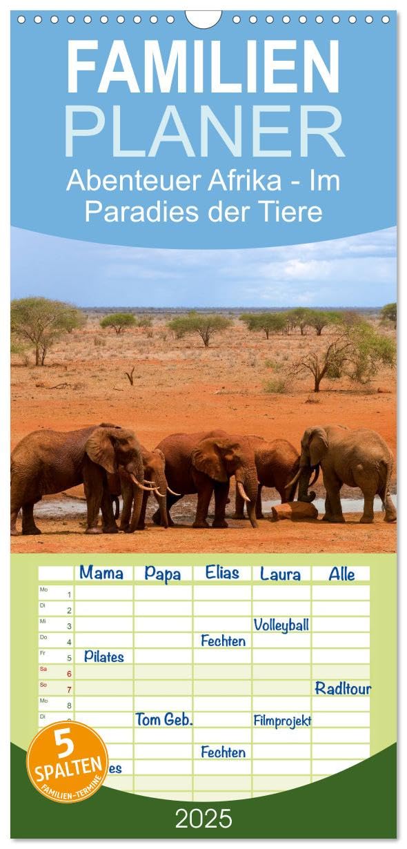 Familienplaner 2025 - Abenteuer Afrika - Im Paradies der Tiere mit 5 Spalten (Wandkalender, 21 cm x 45 cm), CALVENDO: Afrika - unterwegs in der Wildnis (CALVENDO Tiere) Natural Sciences