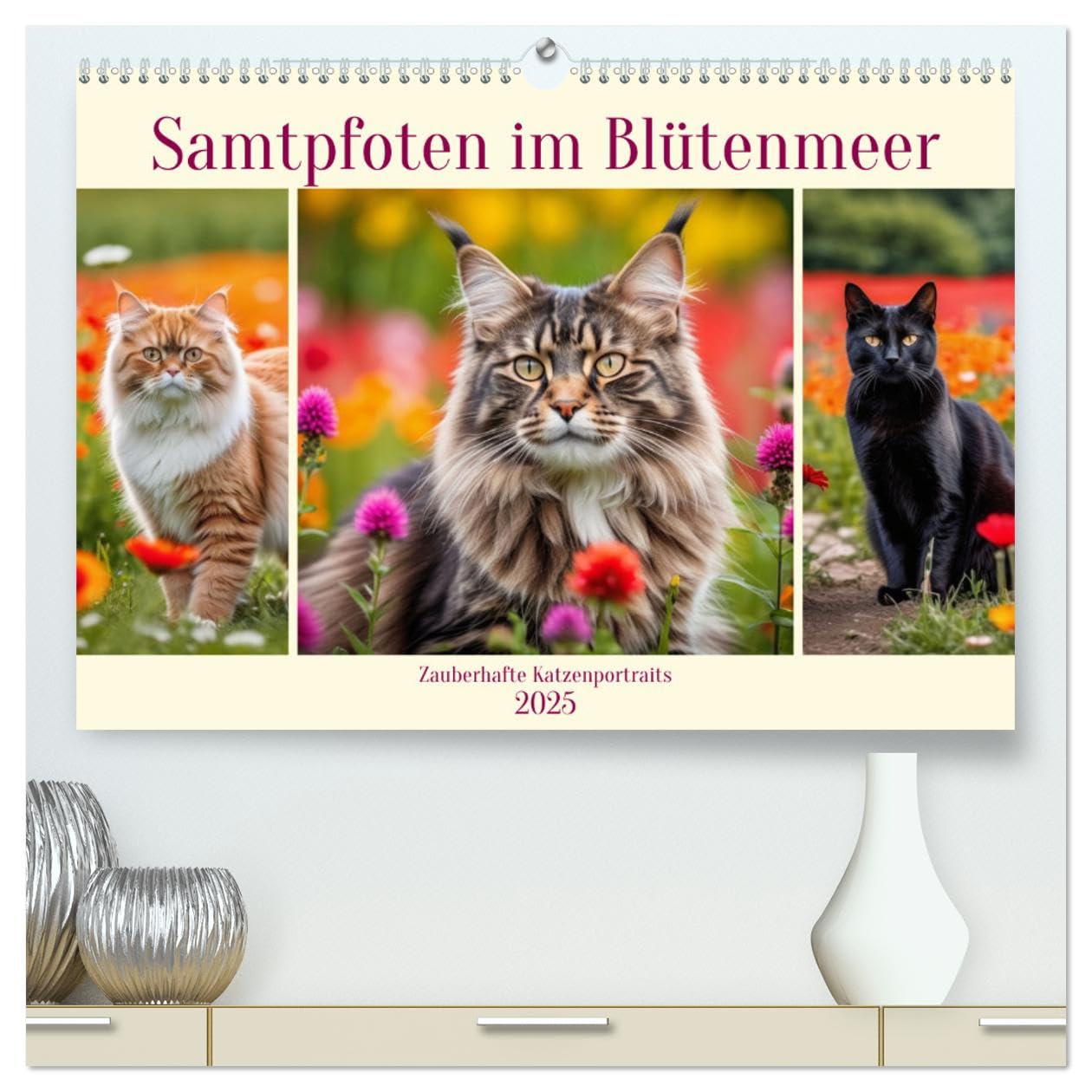 Samtpfoten im Blütenmeer (hochwertiger Premium Wandkalender 2025 DIN A2 quer), Kunstdruck in Hochglanz: Zauberhafte Katzenportraits (CALVENDO Tiere) Natural Sciences