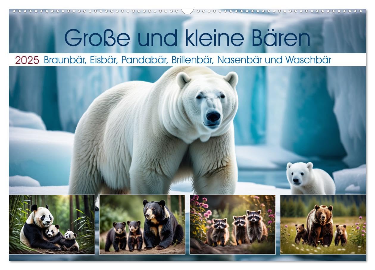Große und kleine Bären (Wandkalender 2025 DIN A2 quer), CALVENDO Monatskalender: Braunbär, Eisbär, Pandabär, Brillenbär, Nasenbär und Waschbär (CALVENDO Tiere) Natural Sciences