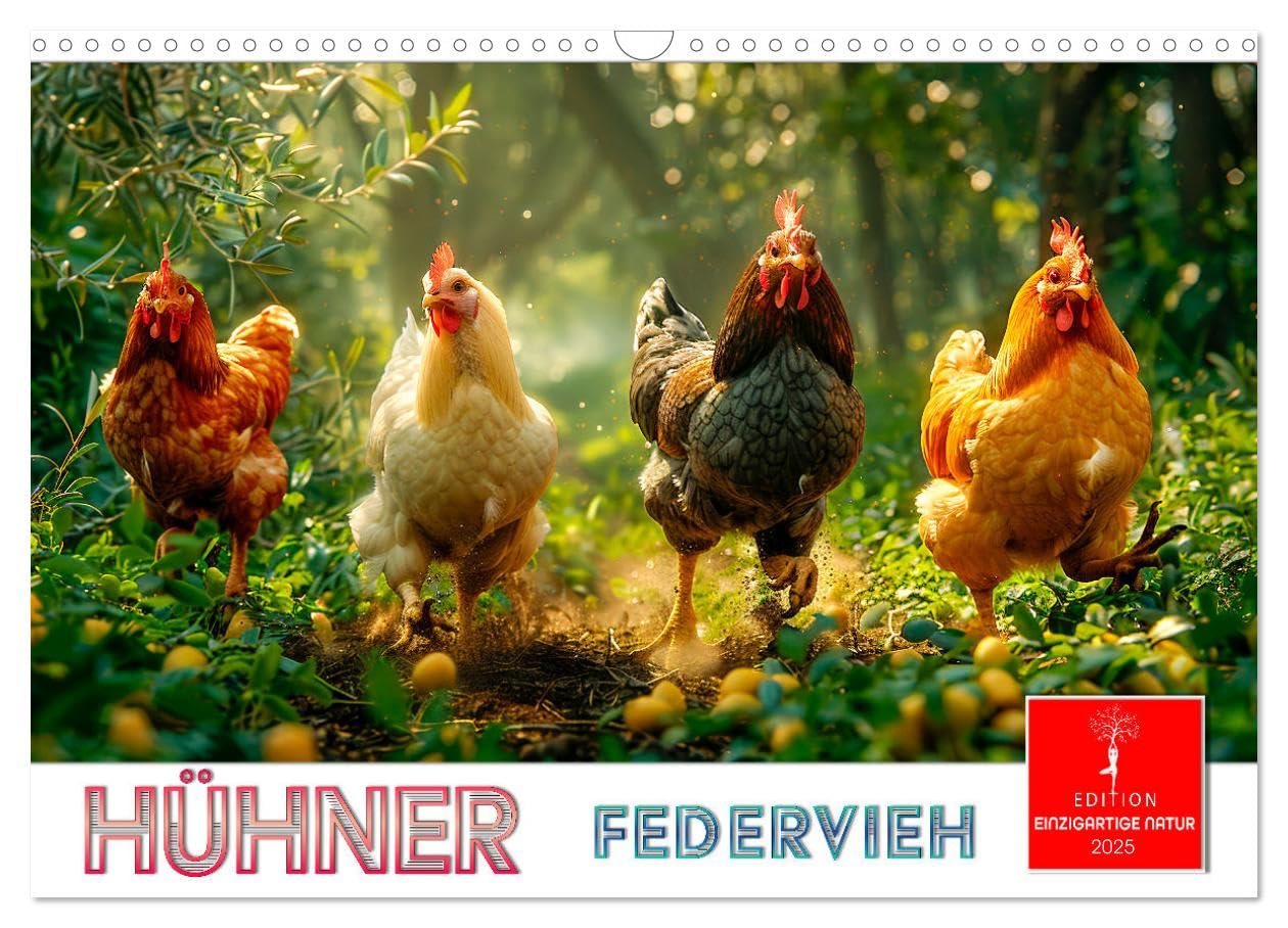 Hühner Federvieh (Wandkalender 2025 DIN A3 quer), CALVENDO Monatskalender: Liebenswerte bunte eierlegende Haustiere (CALVENDO Tiere) Calendars