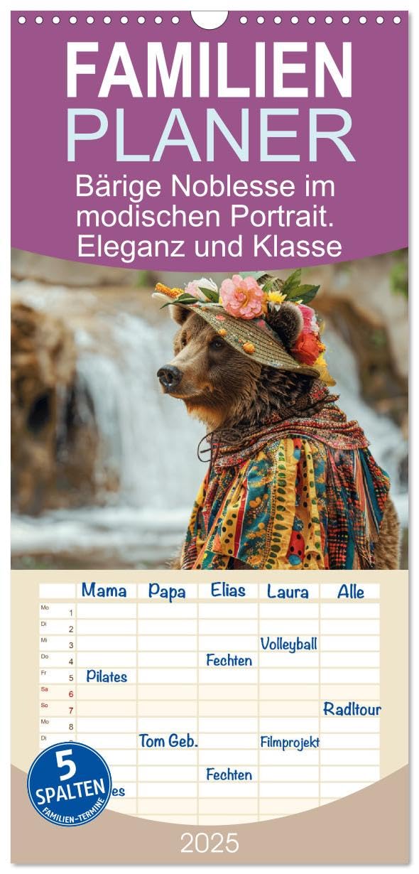 Familienplaner 2025 - Bärige Noblesse im modischen Portrait. Eleganz und Klasse mit 5 Spalten (Wandkalender, 21 cm x 45 cm), CALVENDO: Pelzige ... in der Wald- und Bergwelt (CALVENDO Tiere) Film, Art & Culture