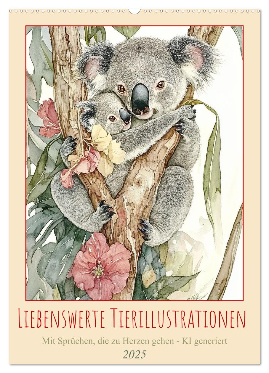 Liebenswerte Tierillustrationen (Wandkalender 2025 DIN A2 hoch), CALVENDO Monatskalender: Gezeichnete Tierdarstellungen und herzige Sprüche - KI generiert (CALVENDO Tiere) Social Sciences