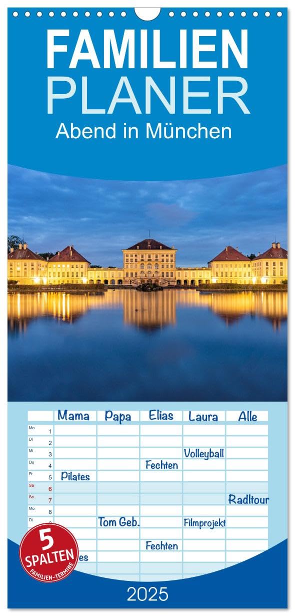 Familienplaner 2025 - Abend in München mit 5 Spalten (Wandkalender, 21 x 45 cm) CALVENDO: Die wunderbare Weltstadt mit Herz München in der Abenddämmerung. (CALVENDO Orte) Leisure, Home & Garden