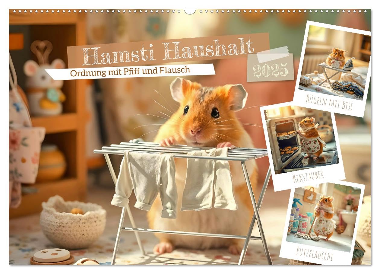 Hamsti Haushalt - Ordnung mit Pfiff und Flausch (Wandkalender 2025 DIN A2 quer), CALVENDO Monatskalender: Der Haus-Hamster – Wenn Flausch auf Ordnung trifft (CALVENDO Tiere) Natural Sciences