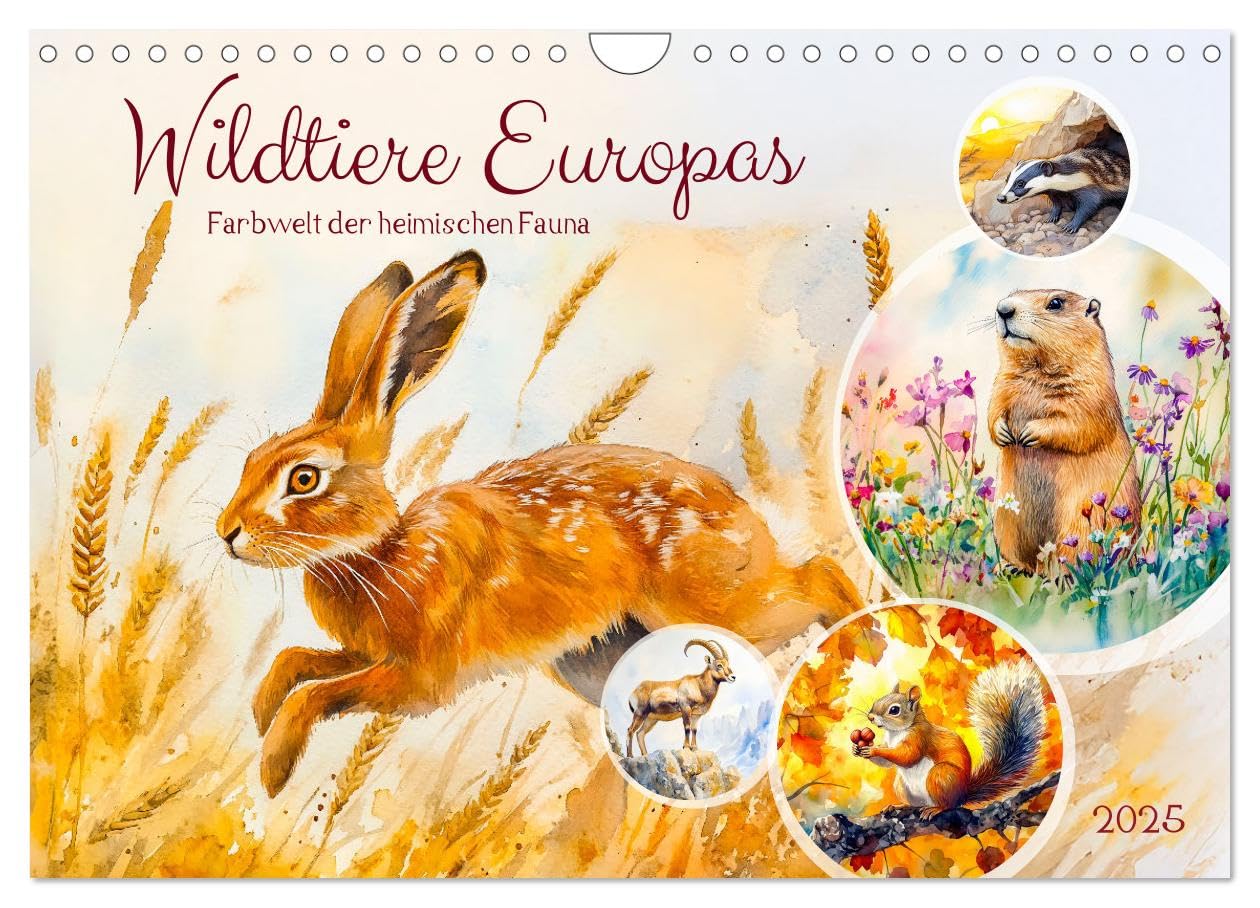 Wildtiere Europas - Farbwelt der heimischen Fauna (Wandkalender 2025 DIN A4 quer), CALVENDO Monatskalender: Entdecken Sie die magische Tierwelt in bezaubernden KI-Aquarellen (CALVENDO Tiere) Social Sciences