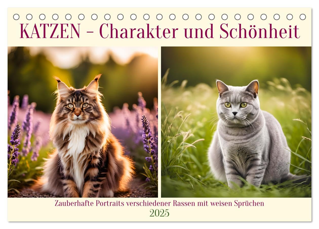 Katzen - Charakter und Schönheit (Tischkalender 2025 DIN A5 quer), CALVENDO Monatskalender: Zauberhafte Portraits verschiedener Rassen mit weisen Sprüchen (CALVENDO Tiere) Natural Sciences