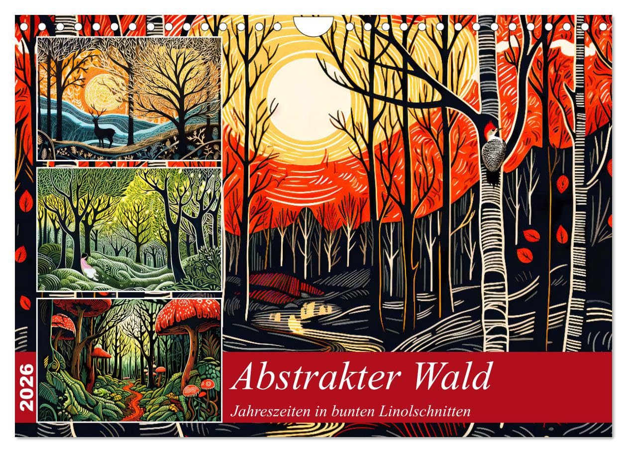 Abstrakter Wald - Jahreszeiten in bunten Linolschnitten (Wandkalender 2026 DIN A4 quer), CALVENDO Monatskalender Social Sciences