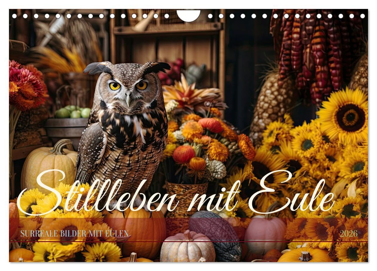 Stillleben mit Eule (Wandkalender 2026 DIN A4 quer), CALVENDO Monatskalender: Das Genre des Stilllebens mit Früchten, Blumen und Vogel neu ... künstlicher Intelligenz. (CALVENDO Tiere) Film, Art & Culture