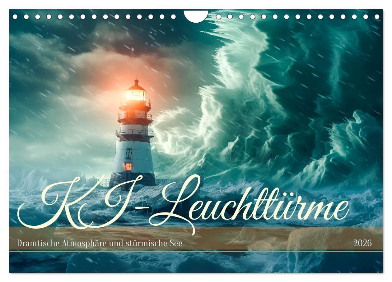 KI-Leuchttürme (Wandkalender 2026 DIN A4 quer), CALVENDO Monatskalender: Leuchttürme sind hohe Türme die an gefährlichen Küstenlinien oder in der Nähe ... um Kollisionen zu vermeiden. (CALVENDO Orte) Film, Art & Culture