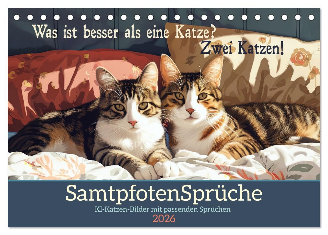 Samtpfotensprüche (Tischkalender 2026 DIN A5 quer), CALVENDO Monatskalender: KI-Katzen-Bilder mit passenden Sprüchen (CALVENDO Spass) Social Sciences