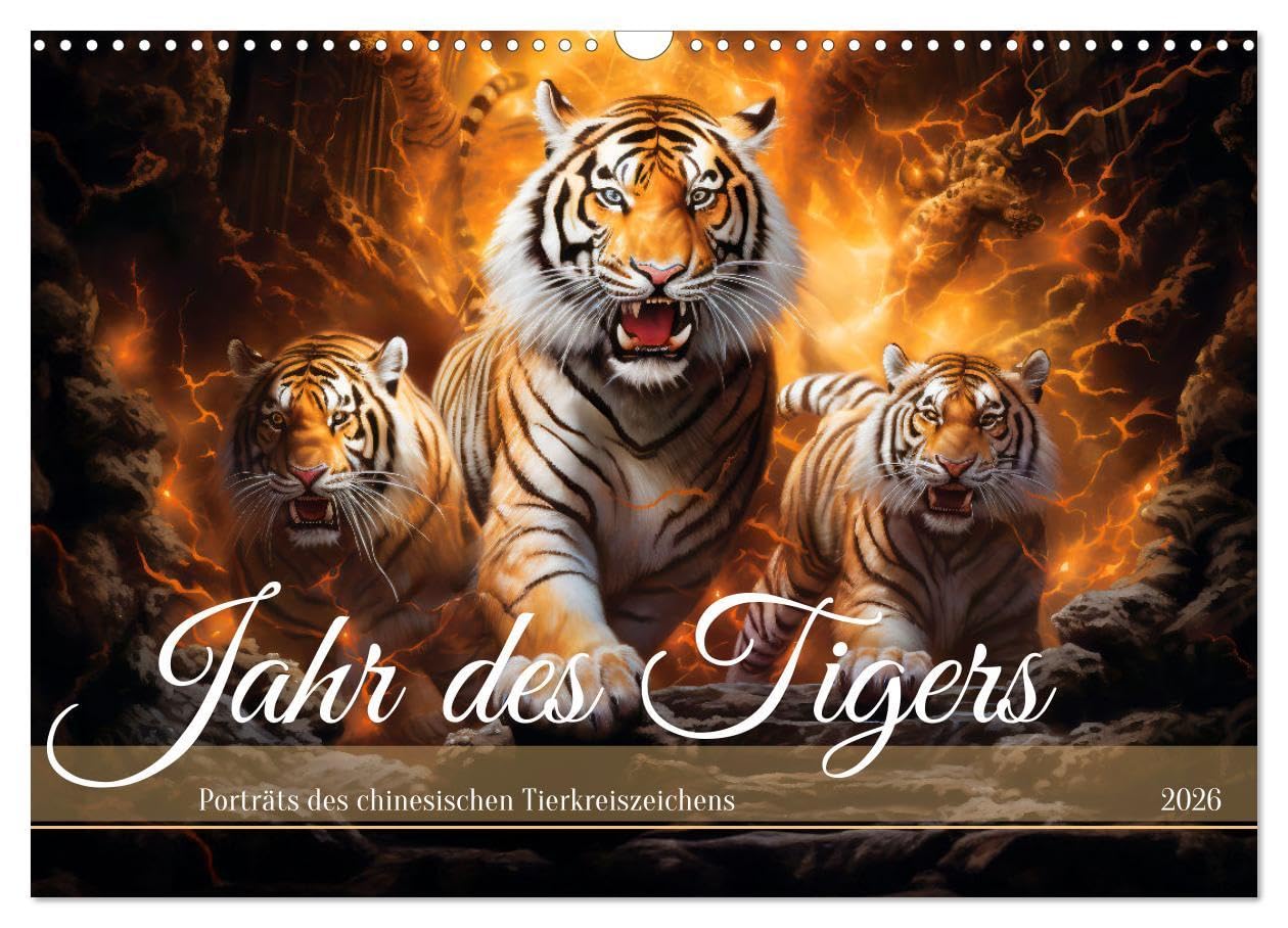 Jahr des Tigers - Porträts des chinesischen Tierkreiszeichens (Wandkalender 2026 DIN A3 quer), CALVENDO Monatskalender: Tierkreiszeichen Tiger in Airbrushtechnik (CALVENDO Tiere) Calendars