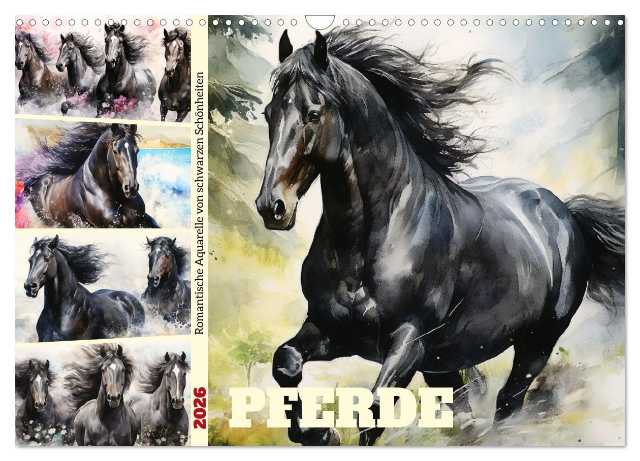 Pferde. Romantische Aquarelle von schwarzen Schönheiten (Wandkalender 2026 DIN A3 quer), CALVENDO Monatskalender Film, Art & Culture