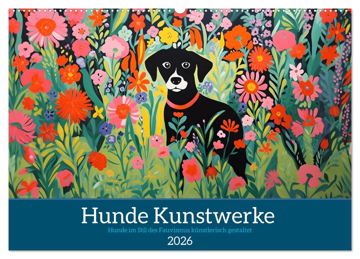 Hunde Kunstwerke - Hunde im Stil des Fauvismus künstlerisch gestaltet (Wandkalender 2026 DIN A2 quer), CALVENDO Monatskalender Film, Art & Culture