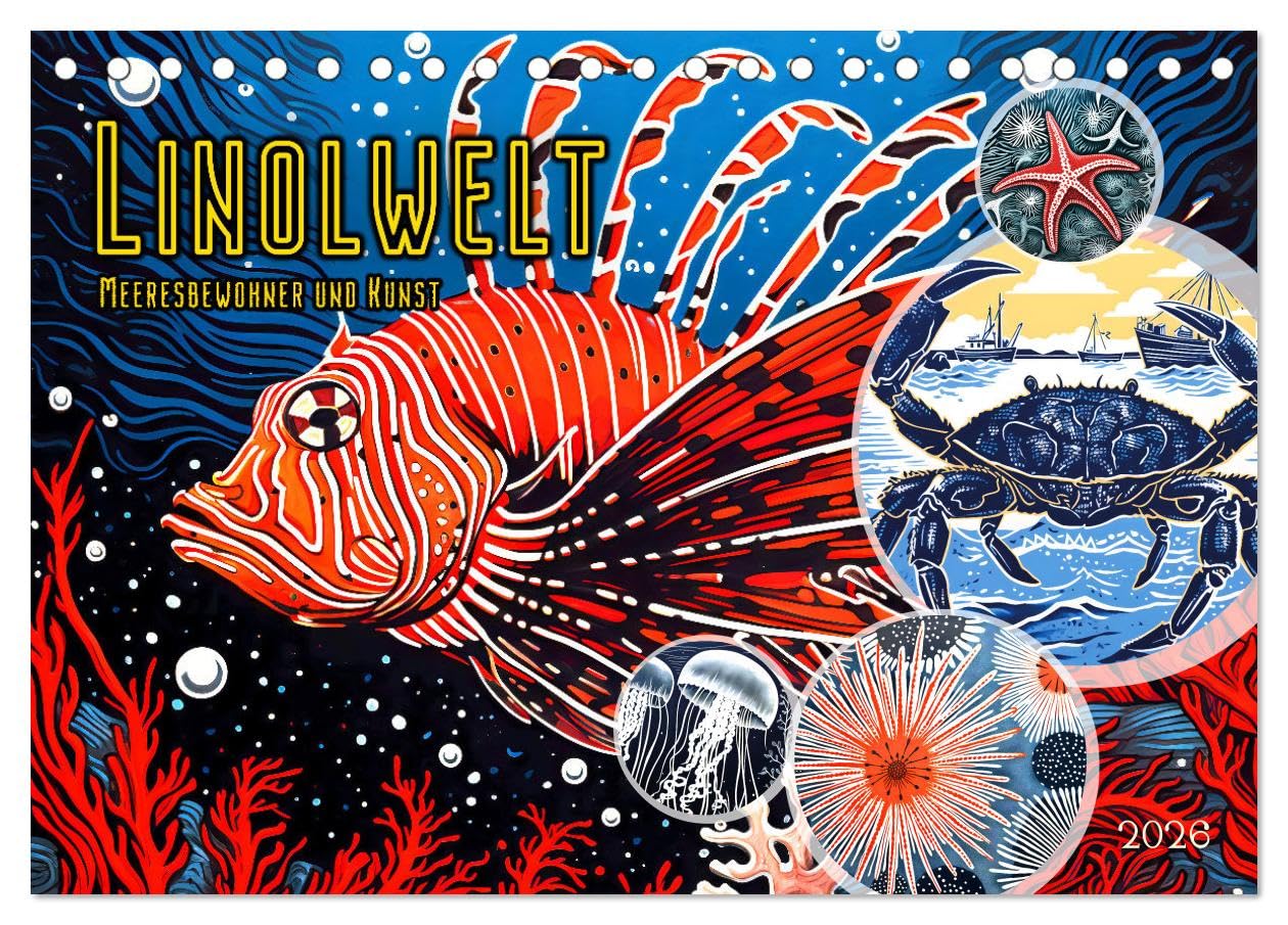Linolwelt - Meeresbewohner und Kunst (Tischkalender 2026 DIN A5 quer), CALVENDO Monatskalender Natural Sciences