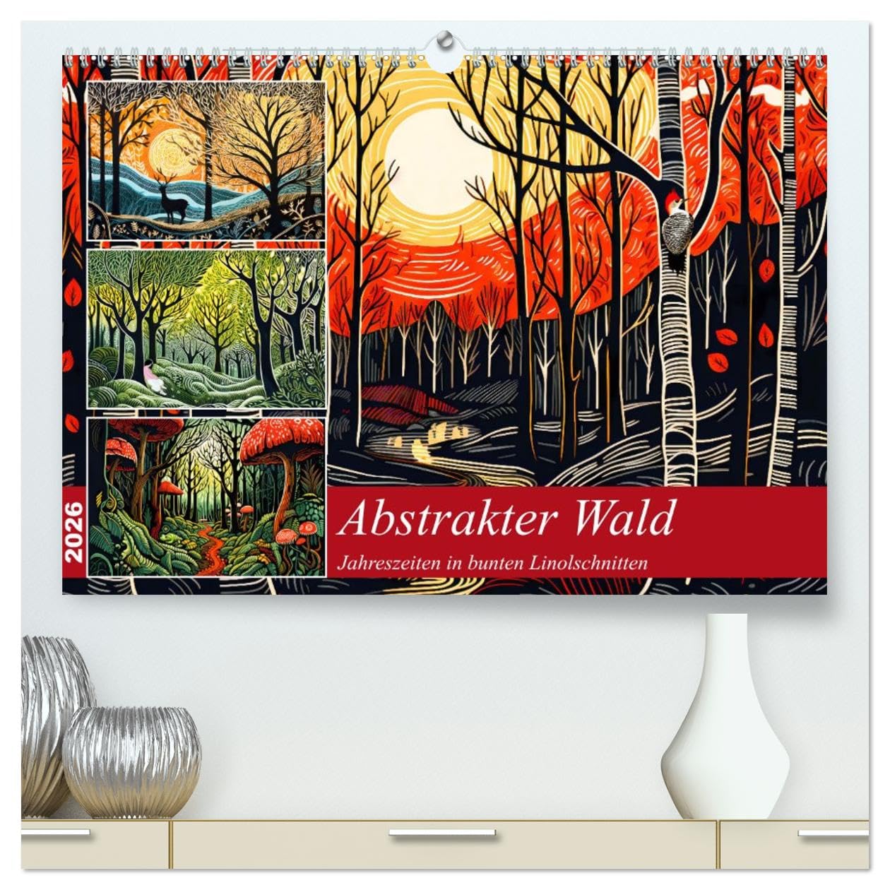 Abstrakter Wald - Jahreszeiten in bunten Linolschnitten (hochwertiger Premium Wandkalender 2026 DIN A2 quer), Kunstdruck in Hochglanz Social Sciences