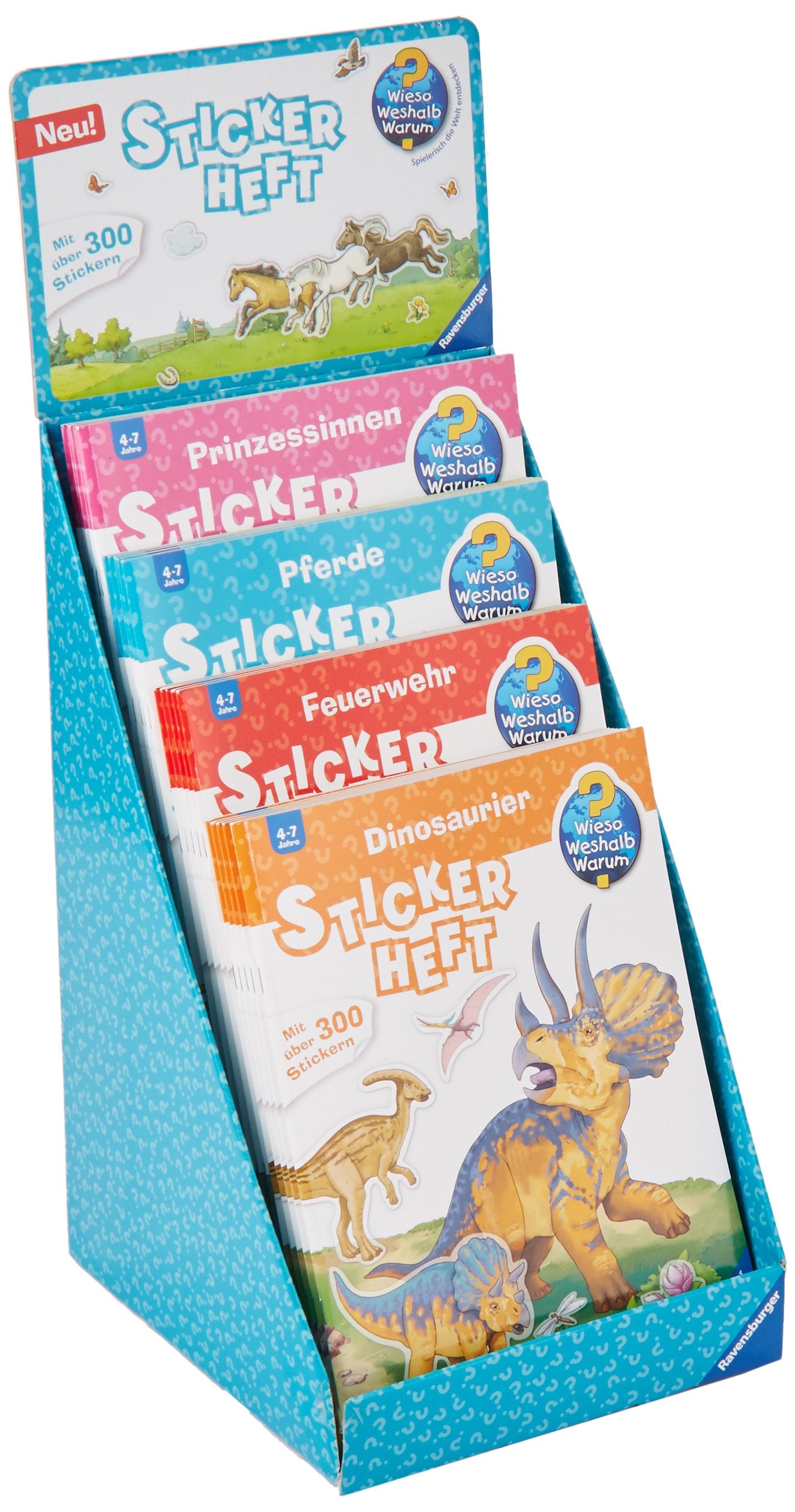 Verkaufs-Kassette "Wieso? Weshalb? Warum? Stickerheft": Dinosaurier / Feuerwehr / Pferde / Prinzessinnen. 4 Titel. 20 Exemplare book