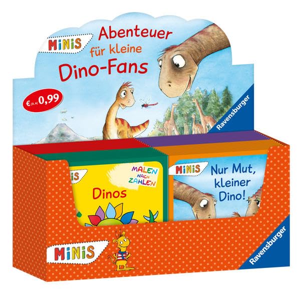 Verkaufs-Kassette "Ravensburger Minis 118 - Abenteuer für kleine Dino-Fans": 4 Titel à 10 Exemplare: Malen nach Zahlen Dinos / Ein Dino im Museum / Nur Mut, kleiner Dino! / Das Dino-Ei Tiptoi & Games